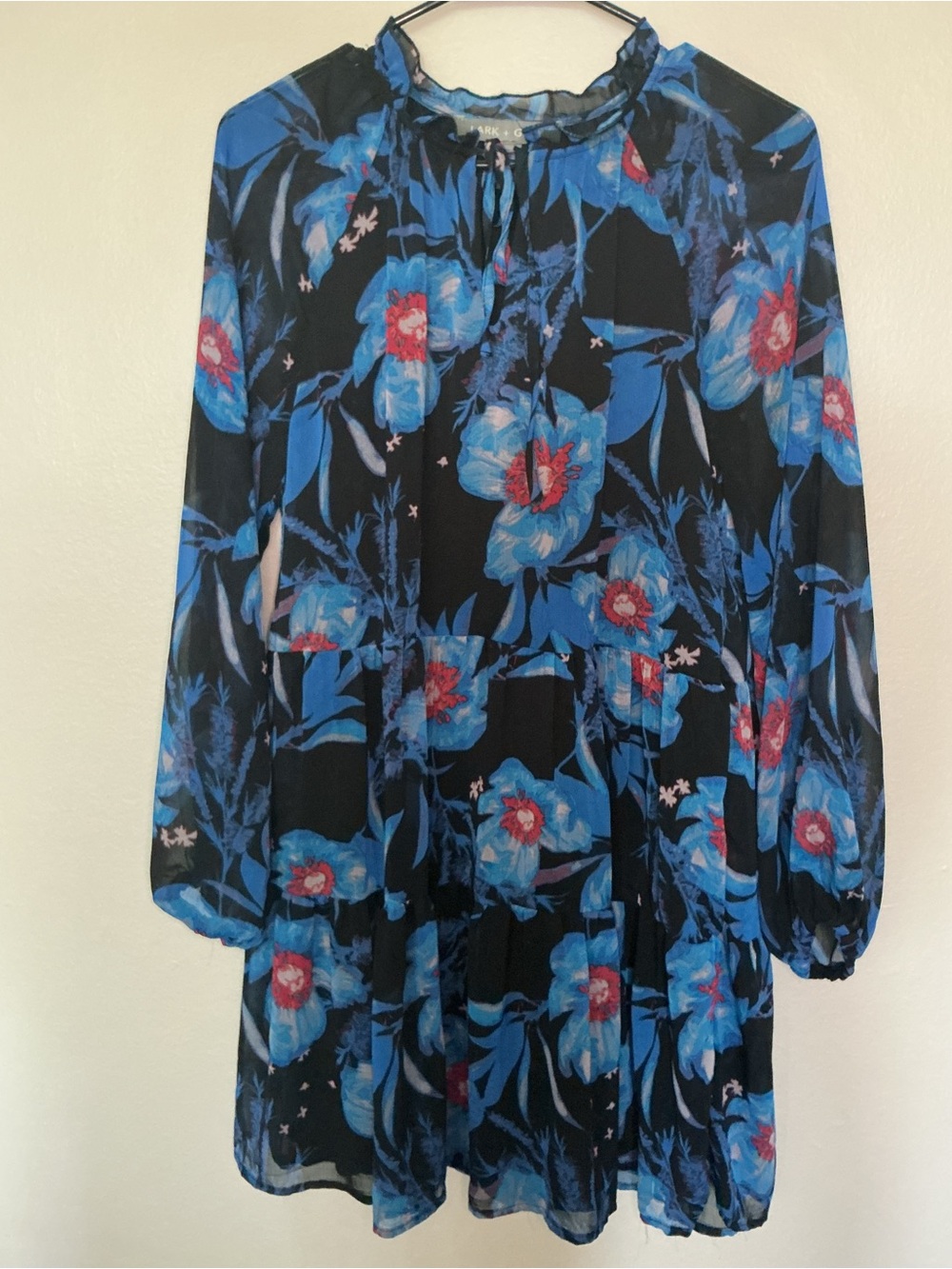 Lark Grey Tie-Neck Mini Dress in Blue and Black